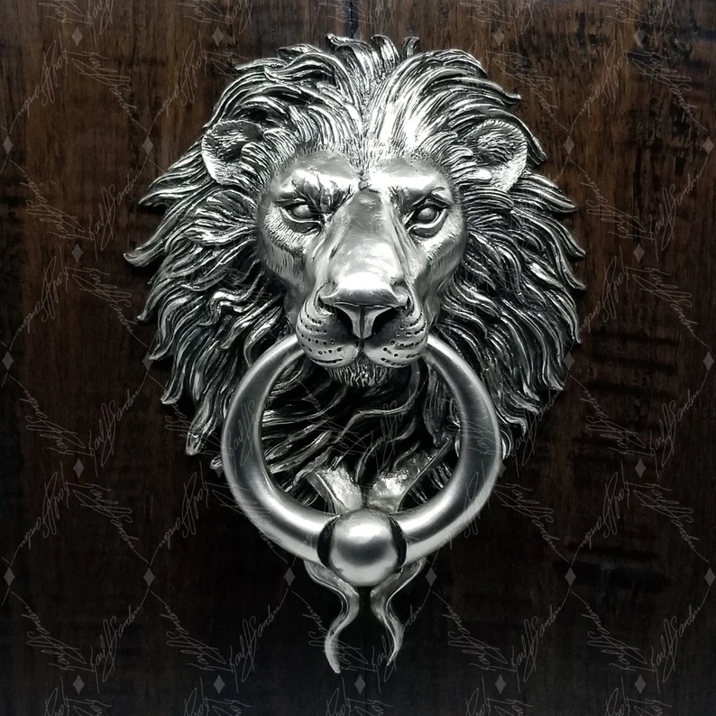 Lion Head Door Knocker Cast in Bronze with a Satin Nickle Finish